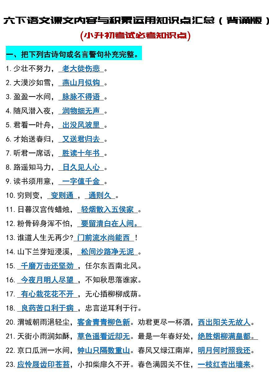 六年级下册语文(小升初)期末必考知识点第1页