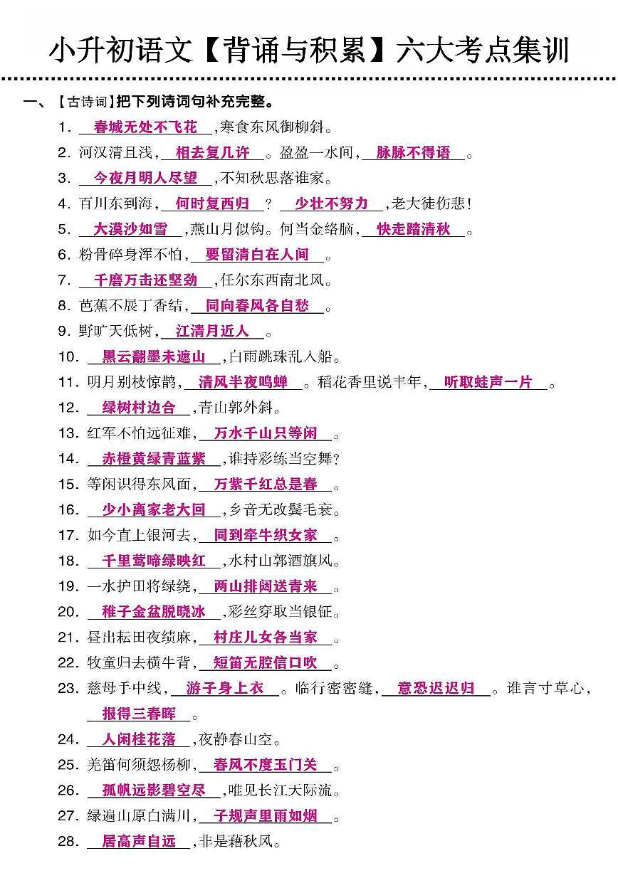 小升初语文【背诵与积累】六大考点知识点集训第1页