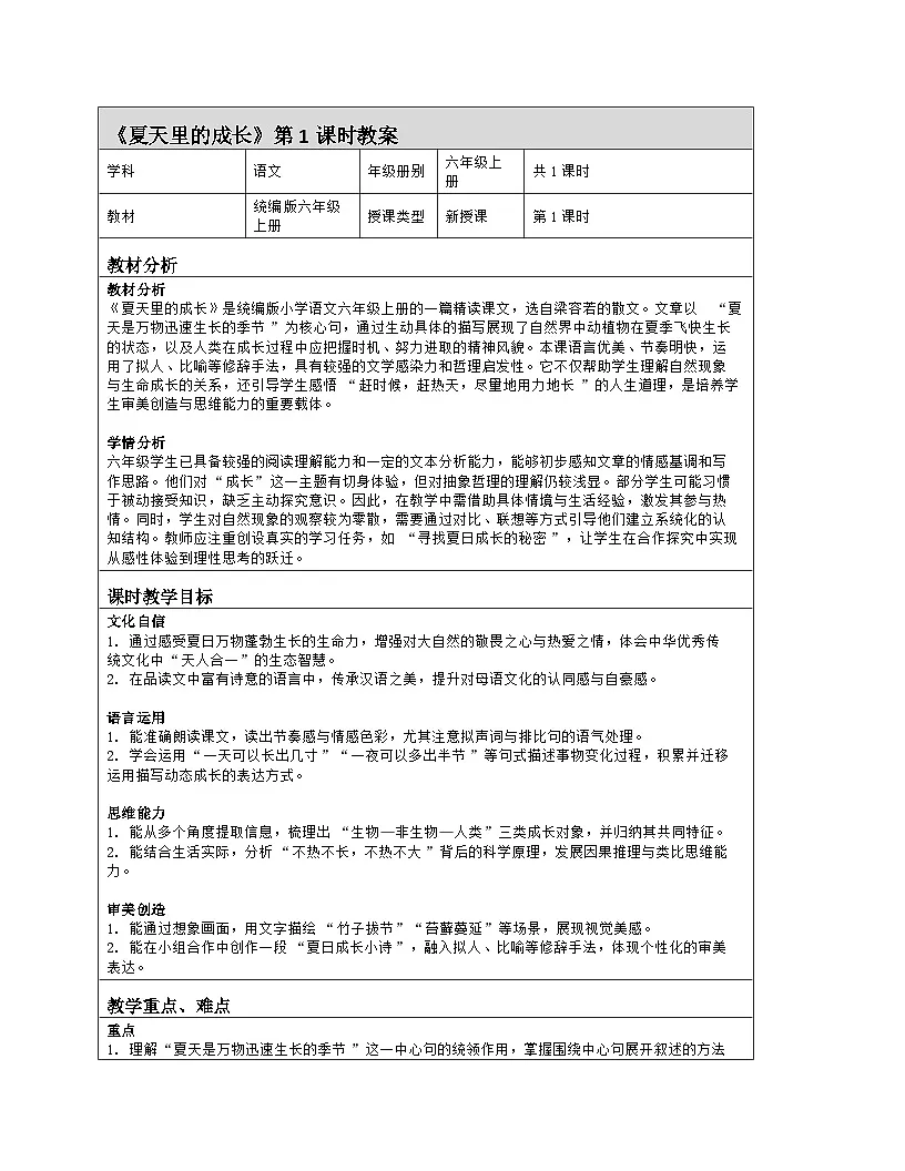 2025-2026学年统编版语文六年级上册《夏天里的成长》教学设计第1页