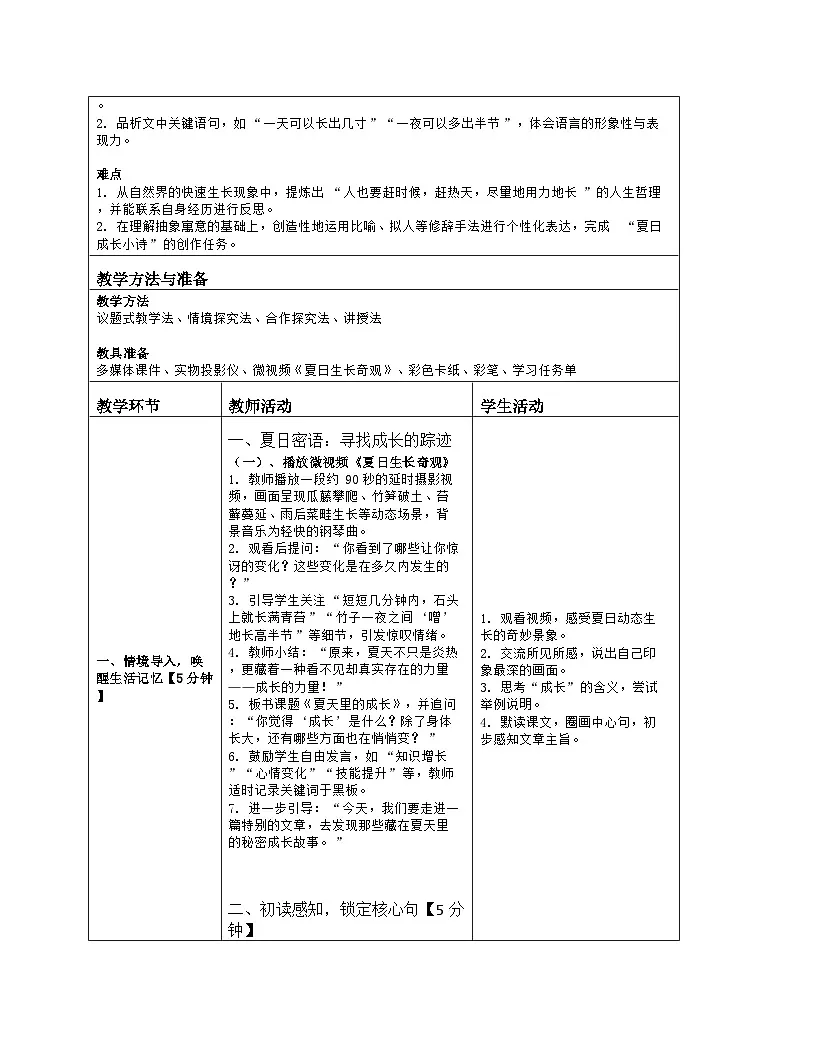 2025-2026学年统编版语文六年级上册《夏天里的成长》教学设计第2页