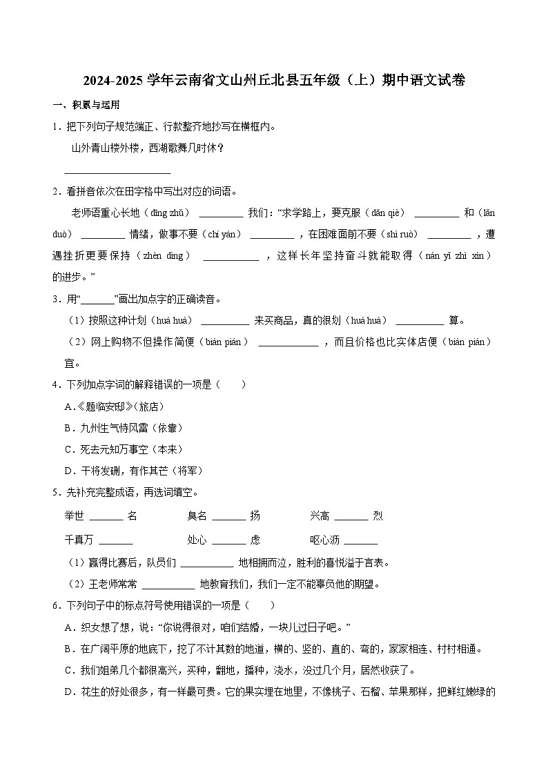 2024-2025学年云南省文山州丘北县五年级（上）期中语文试卷第1页
