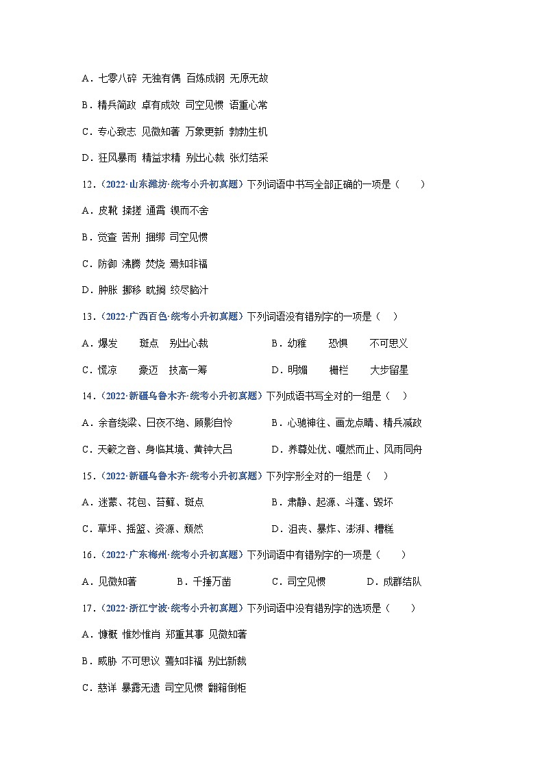 习题含答案 专题02：字形-2023年小升初语文高频考点100题（部编版）第3页