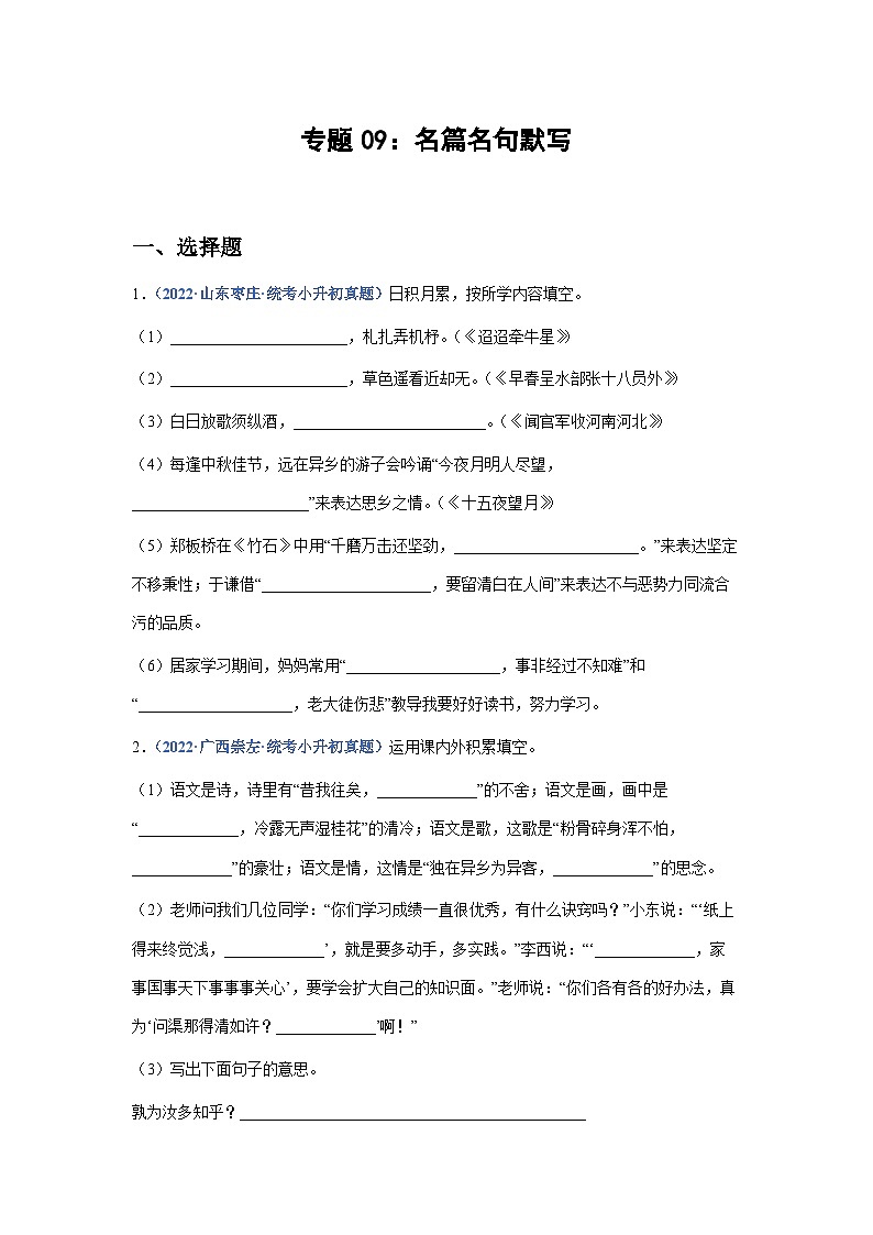 习题含答案 专题09：名篇名句默写-2023年小升初语文高频考点100题（部编版）第1页