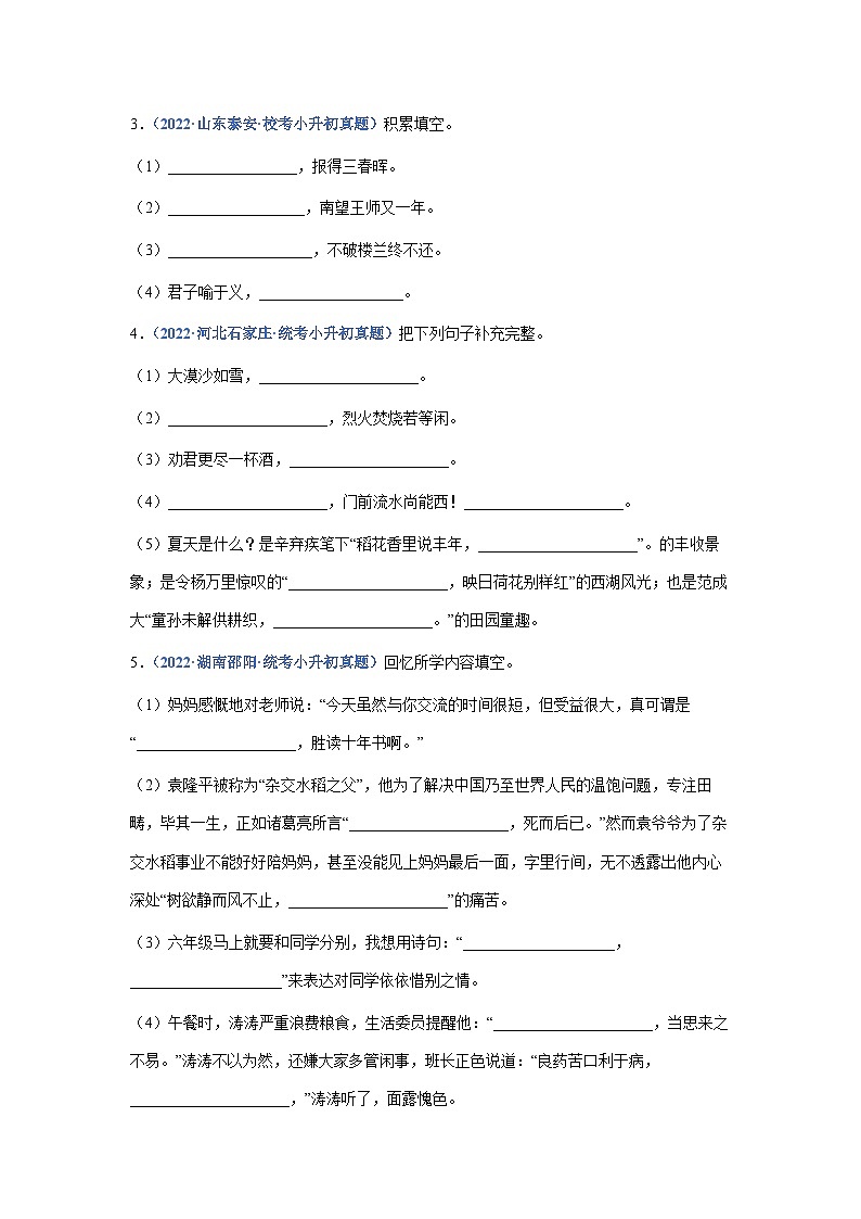 习题含答案 专题09：名篇名句默写-2023年小升初语文高频考点100题（部编版）第2页
