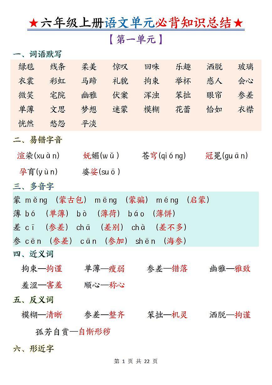 人教版六年级上册语文期末1-8单元必背高频常考知识点总结第1页