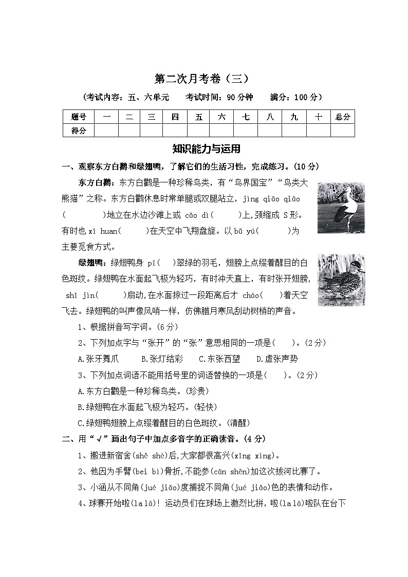 第二次月考卷（三）—2025-2026学年三年级语文上册（统编版）（含答案）第1页