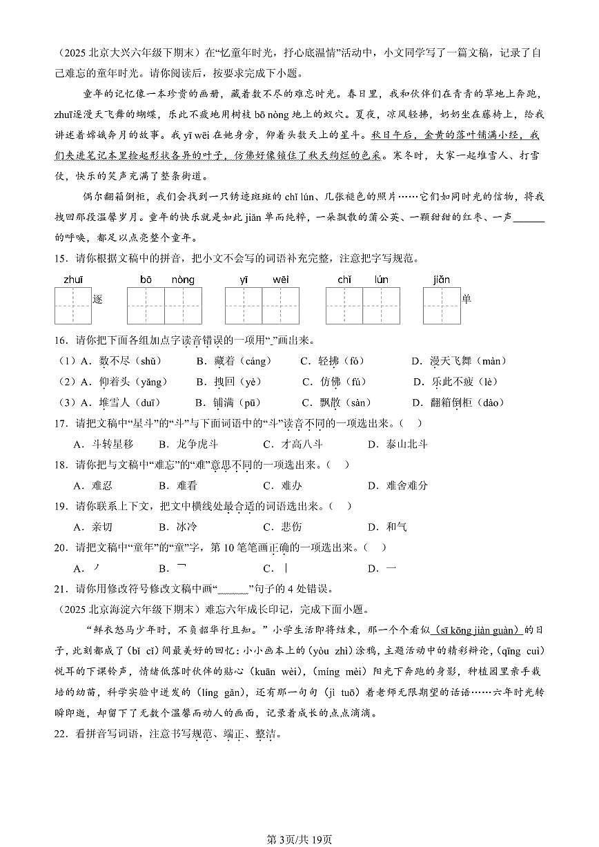 2025北京六年级（下）期末语文汇编：字音第3页