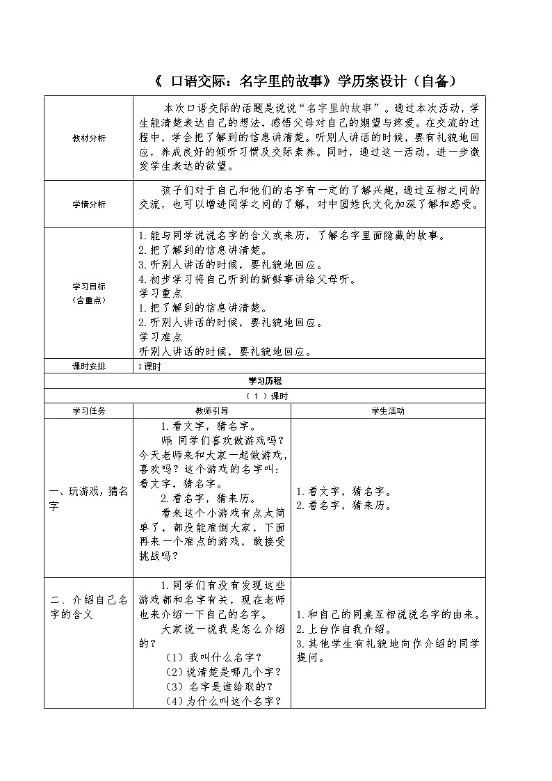 统编版语文三年级上册（2024）口语交际：名字里的故事 学案第1页