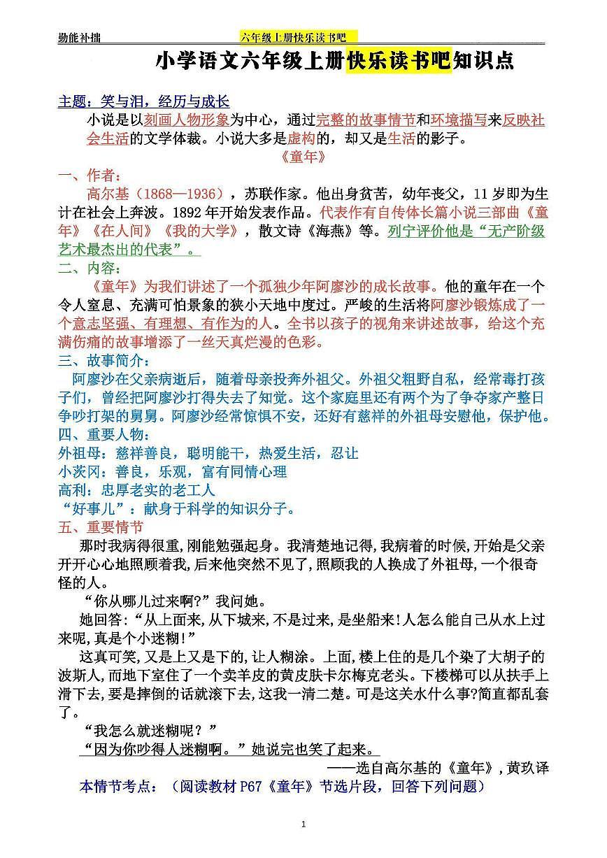 统编版六年级上册语文期末快乐读书吧知识点第1页
