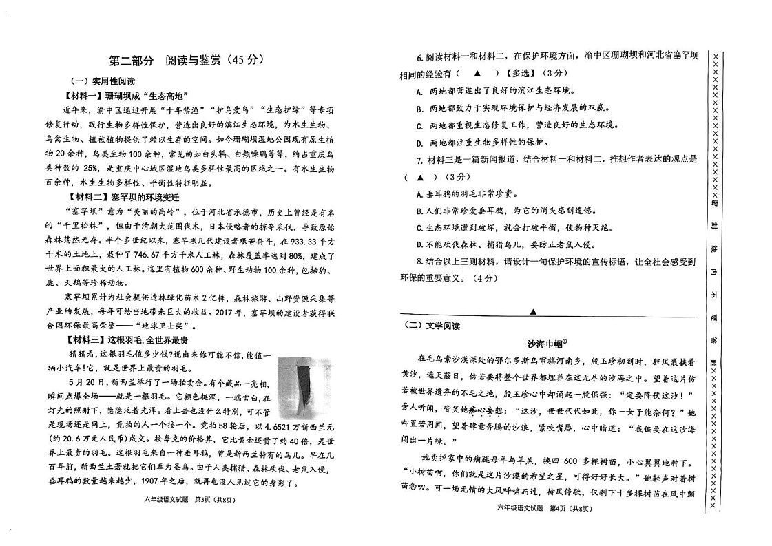 重庆市渝中区2024-2025学年六年级上学期期末考试语文试题第2页