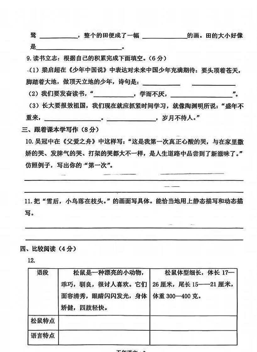 辽宁省沈阳市沈北新区2024-2025学年第一学期五年级语文期末试卷（无答案）第3页
