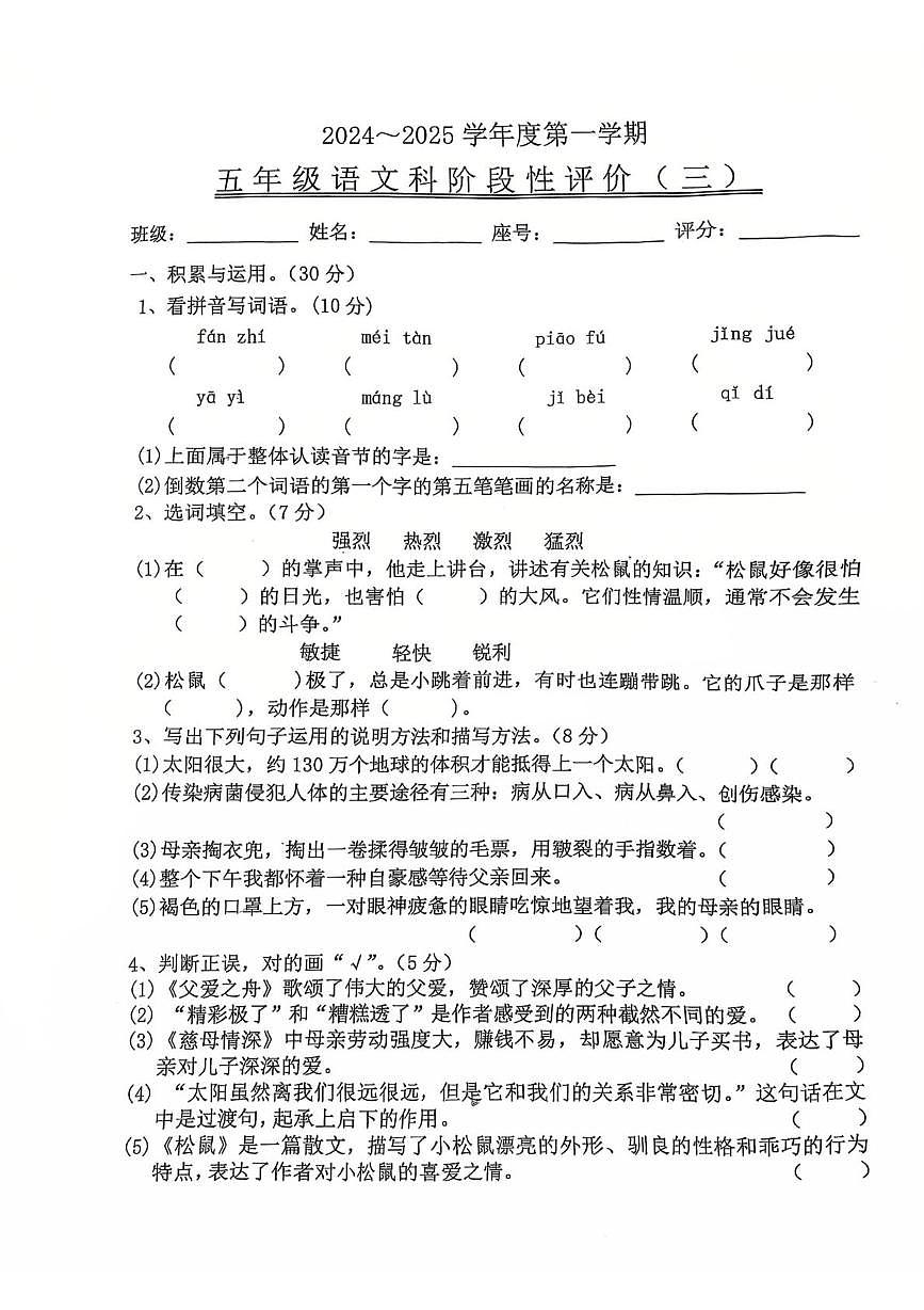广东省汕头市潮阳文光镇二小学2024-2025学年五年级语文上学期第三次（五六单元）月考试卷（月考）第1页