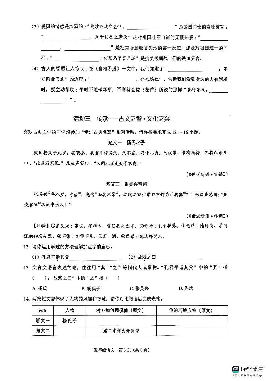 广东省深圳市坪山区2024-2025学年第二学期五年级语文期末试卷（无答案）第3页