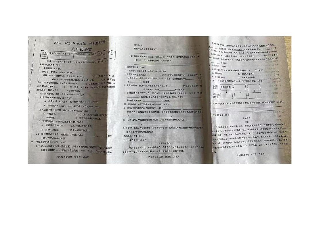 河南省商丘市宁陵县2023-2024学年六年级上学期期末语文试卷第1页