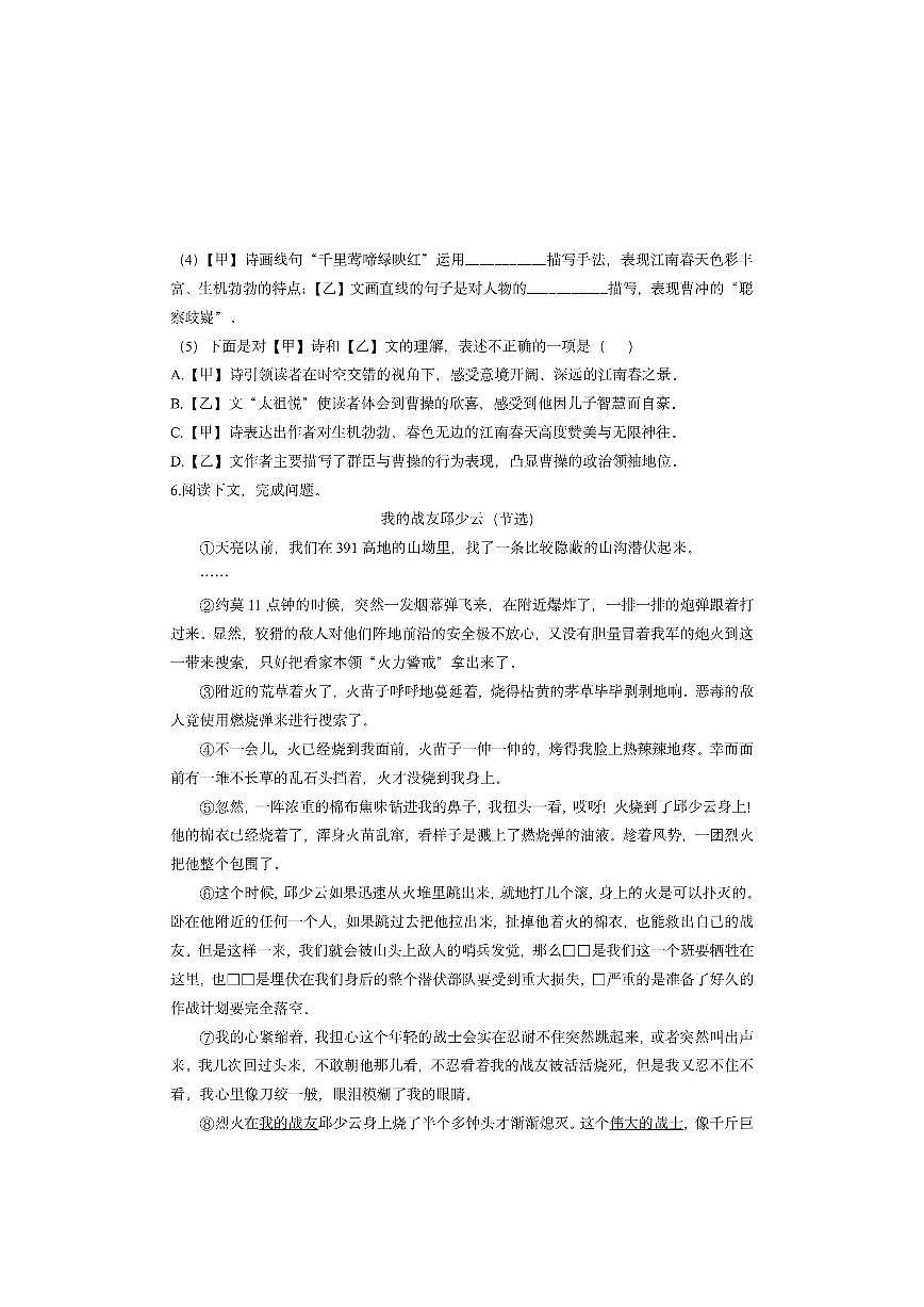 上海市宝山区2024-2025学年六年级（五四制）上学期期中考试语文试卷（学生版）第3页