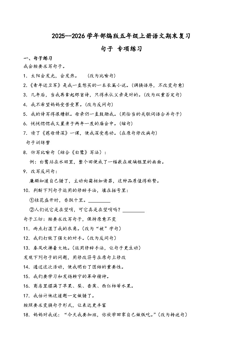 2025--2026学年部编版五年级上册语文期末复习句子 专项练习（含答案解析）第1页