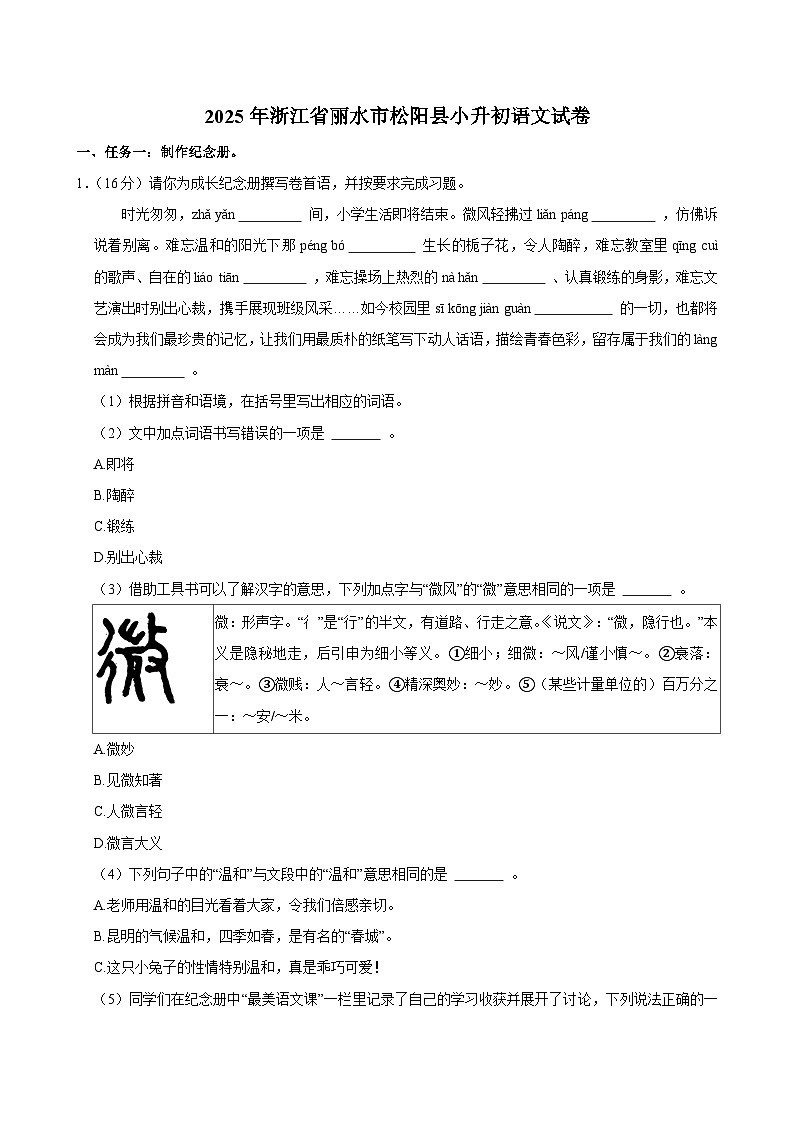 2025年浙江省丽水市松阳县小升初语文试卷第1页