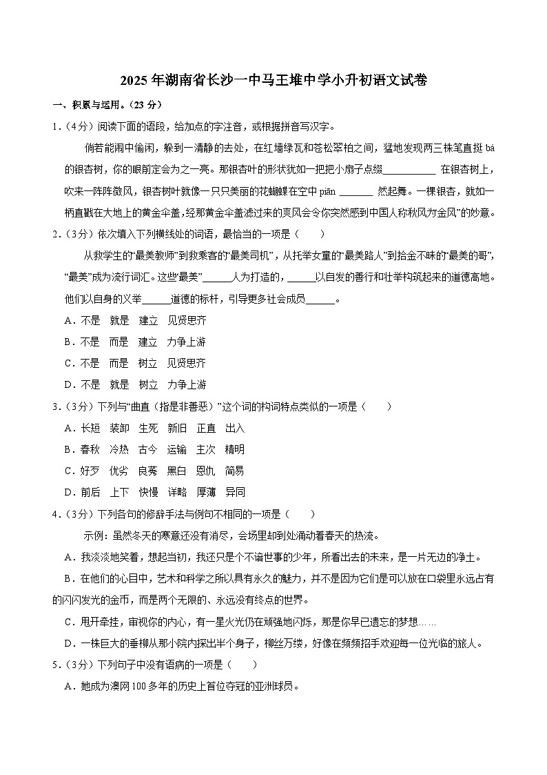 2025年湖南省长沙一中马王堆中学小升初语文试卷第1页