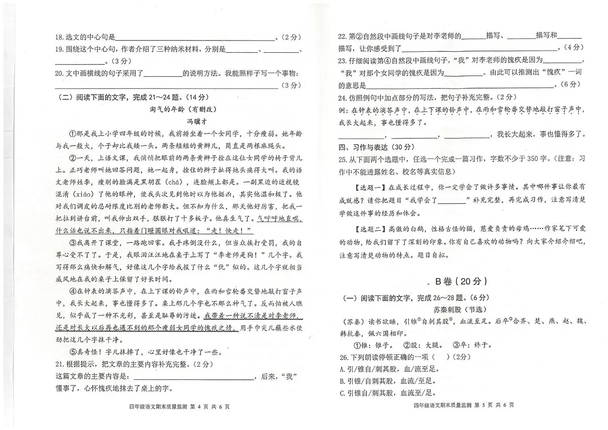 四川省眉山市东坡区2023-2024学年四年级下学期期末质量监测语文试卷第3页