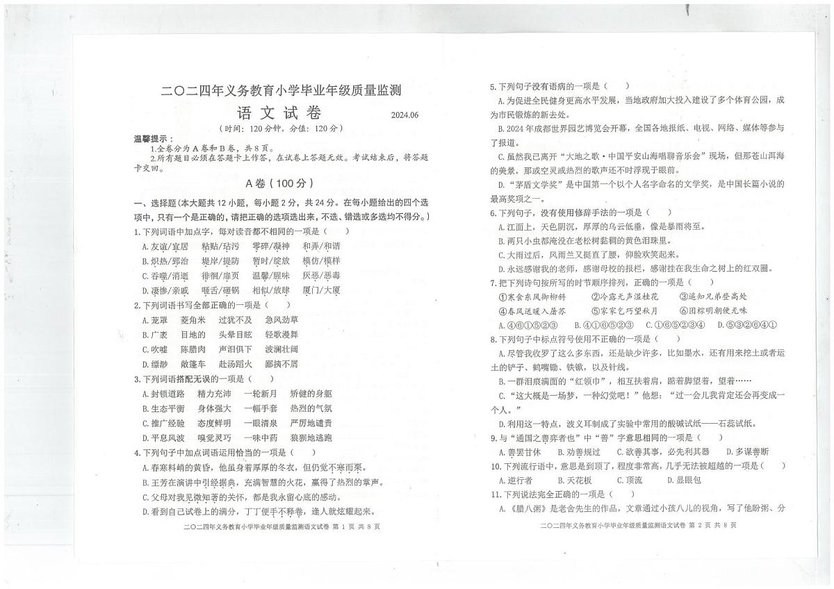 四川眉山市东坡区2023-2024学年六年级下学期期末质量监测语文试卷第1页