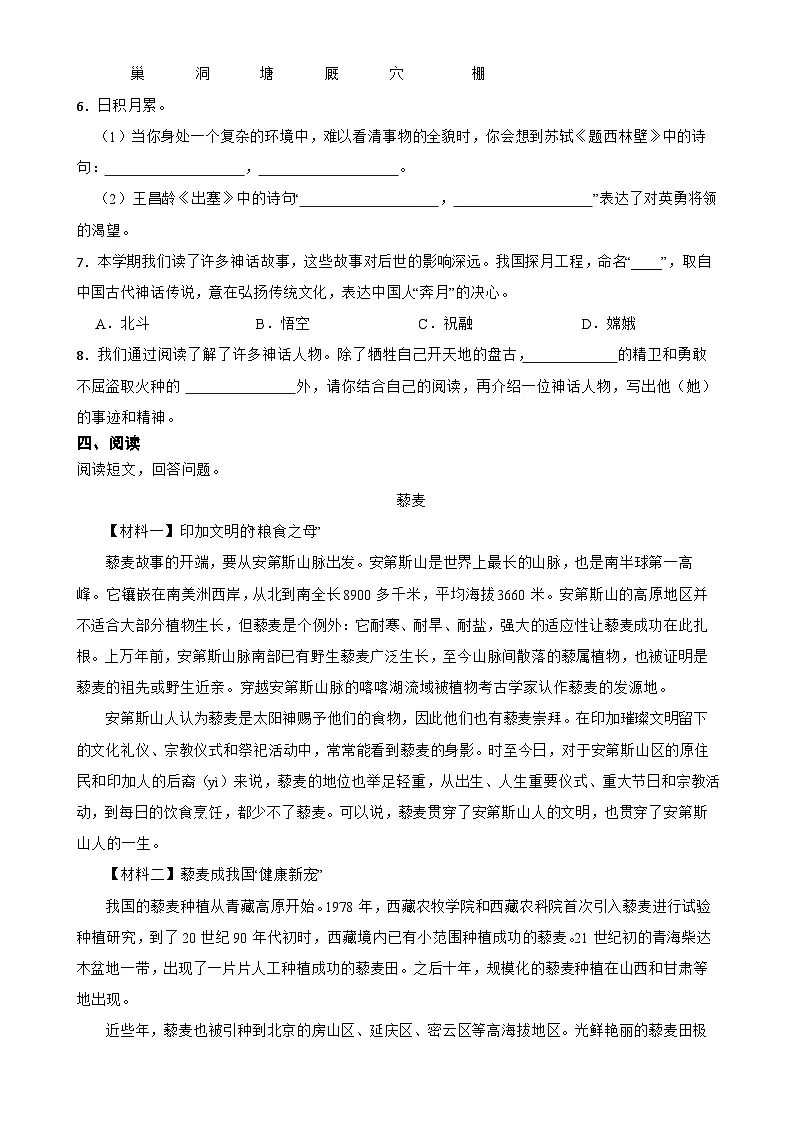 北京市通州区四年级上学期期末语文试卷-A4第2页
