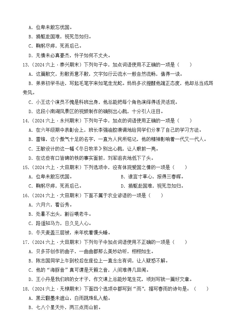 （期末真题）2025-2026学年部编版六年级语文上册期末真题词语及常见用语  选择题专项练习（含答案解析）第3页
