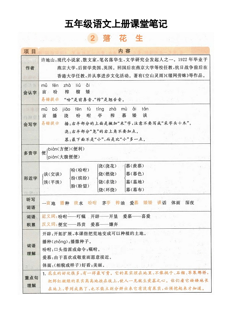 小学语文部编版五年级上册《落花生》知识点（2025秋）第1页