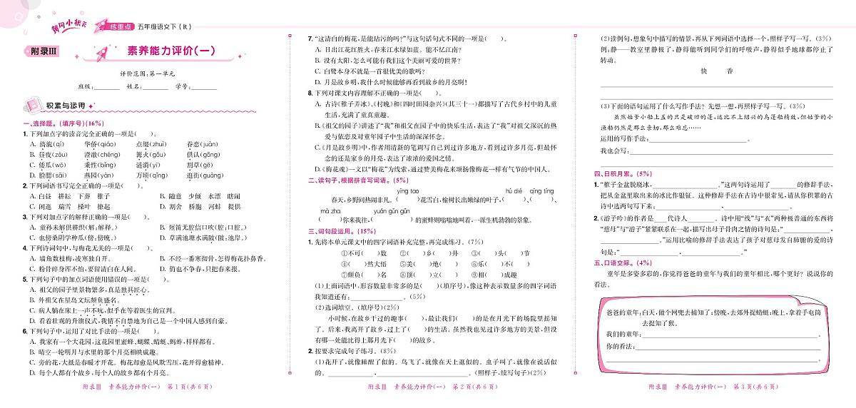 5年级下册语文练重点试卷（无答案）第1页