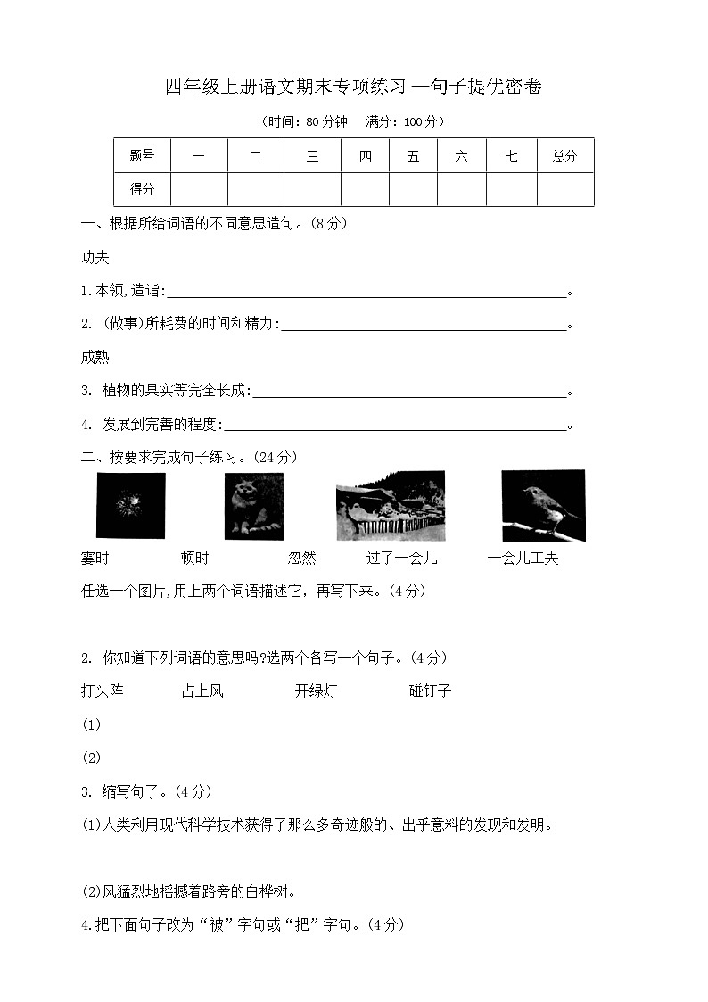 四年级上册语文期末专项练习—句子提优密卷  部编版   含答案第1页