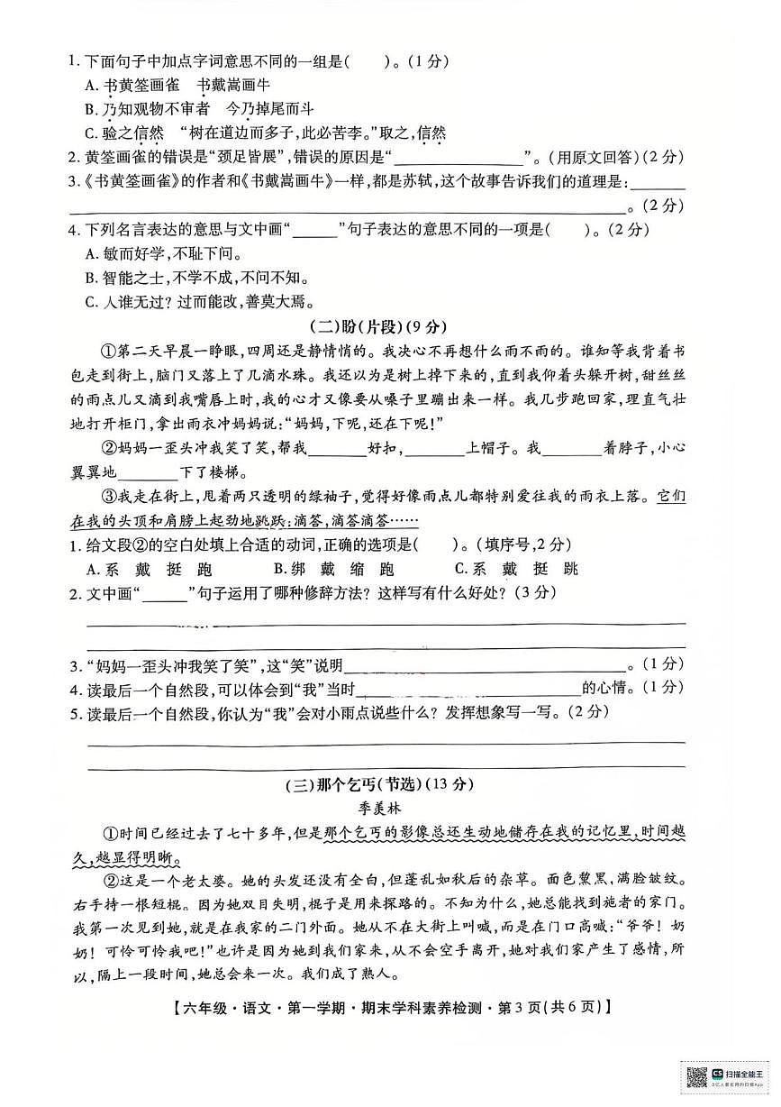 甘肃省陇南市成县化垭学区2025-2026学年六年级上学期1月期末语文试题第3页