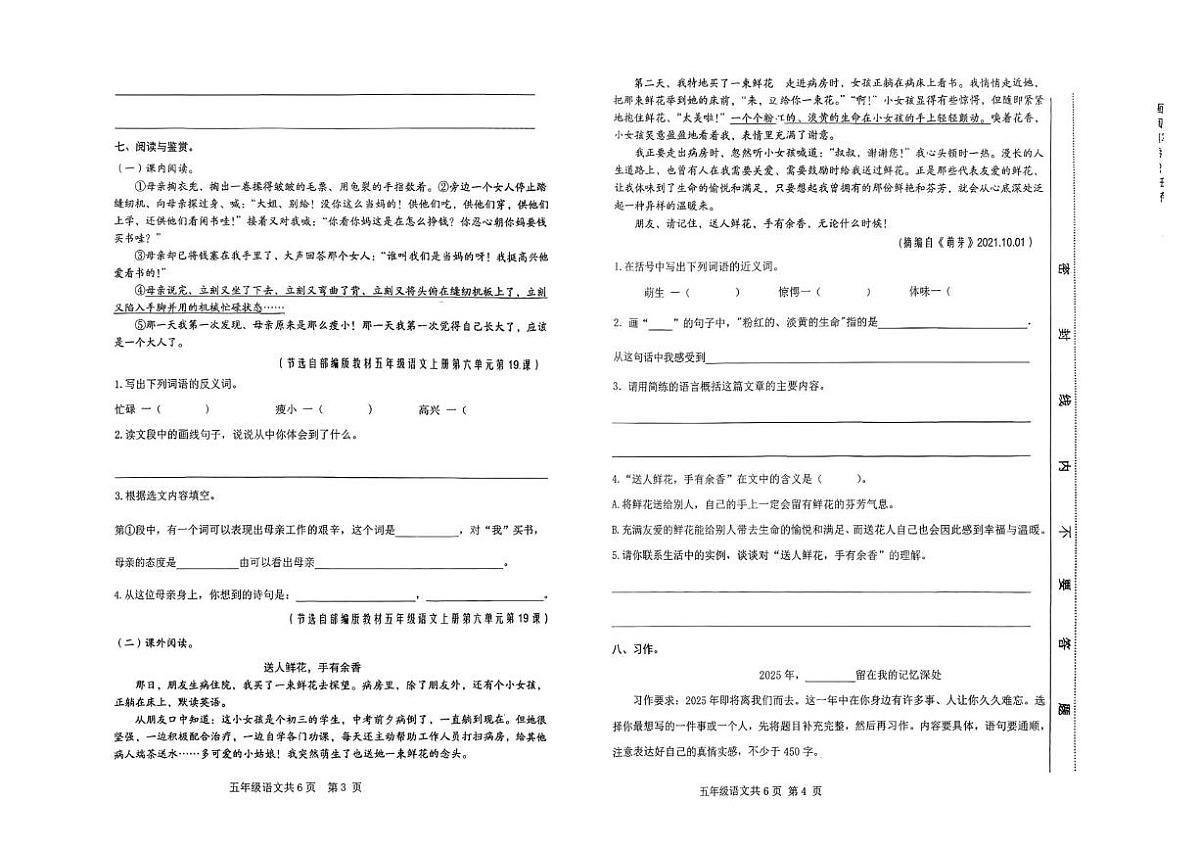 甘肃省天水市麦积区2025-2026学年五年级上学期1月期末语文试卷第2页