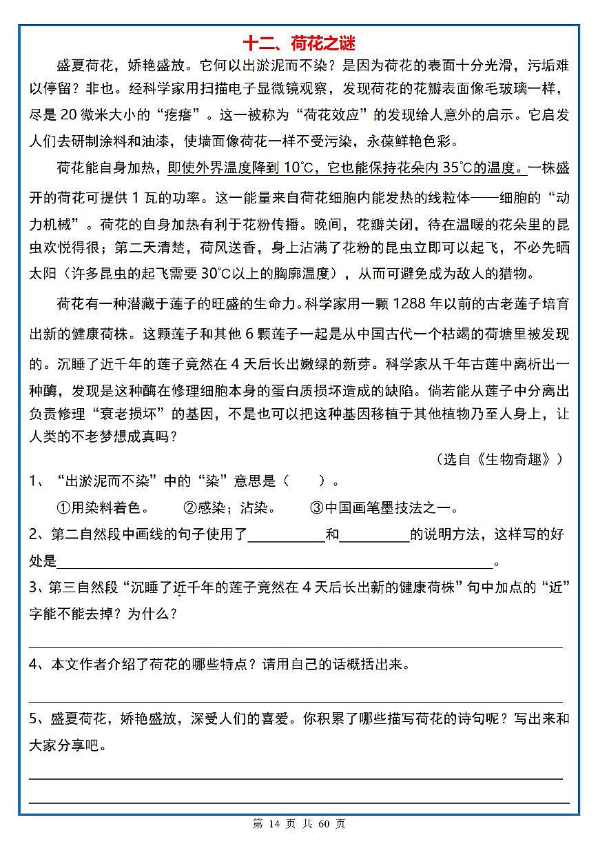 四年级（上）语文阅读理解《每日一练》12第1页