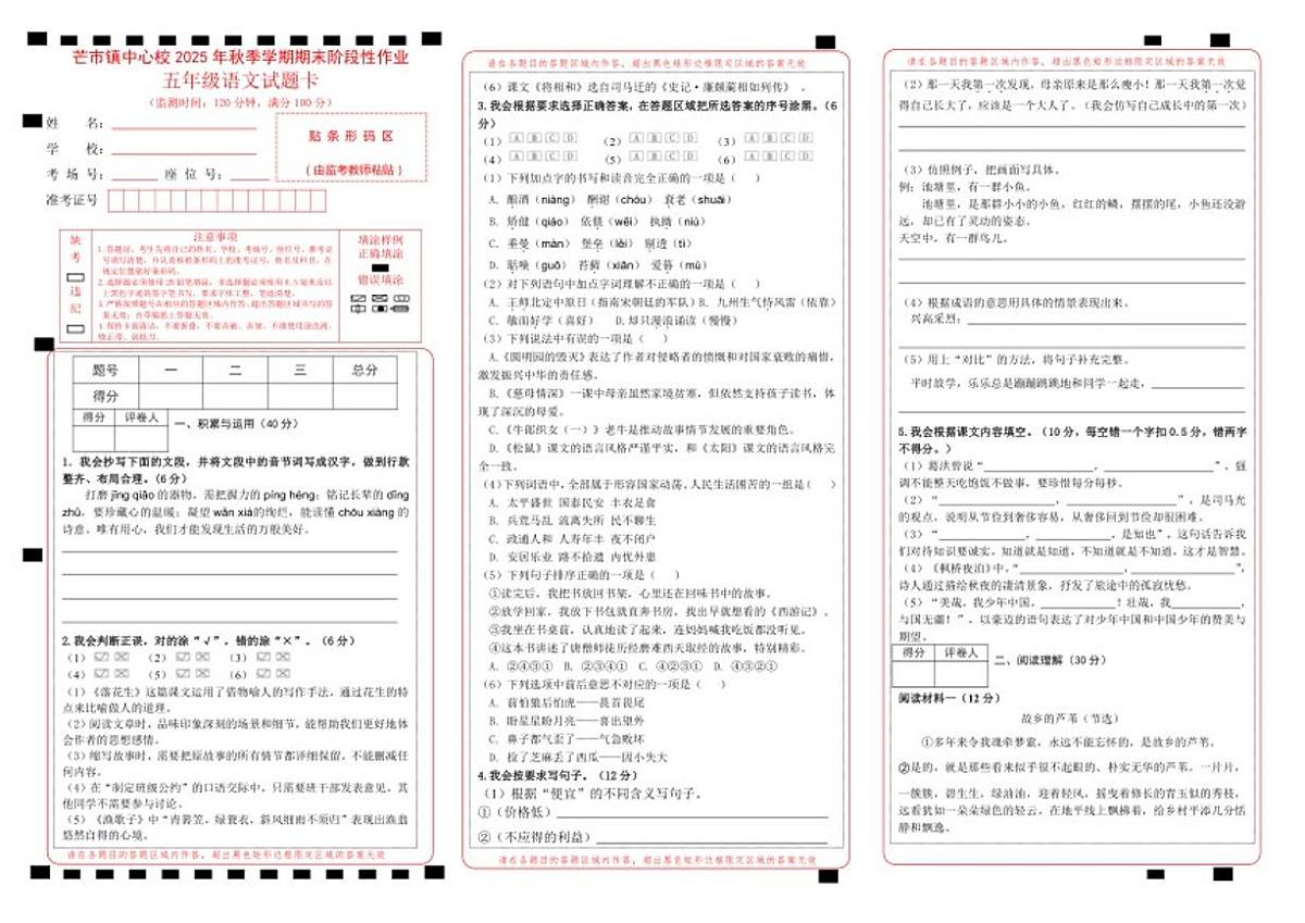 云南省德宏傣族景颇族自治州芒市芒市镇中心校2025-2026学年五年级上学期期末考试语文试卷（含答案）第1页