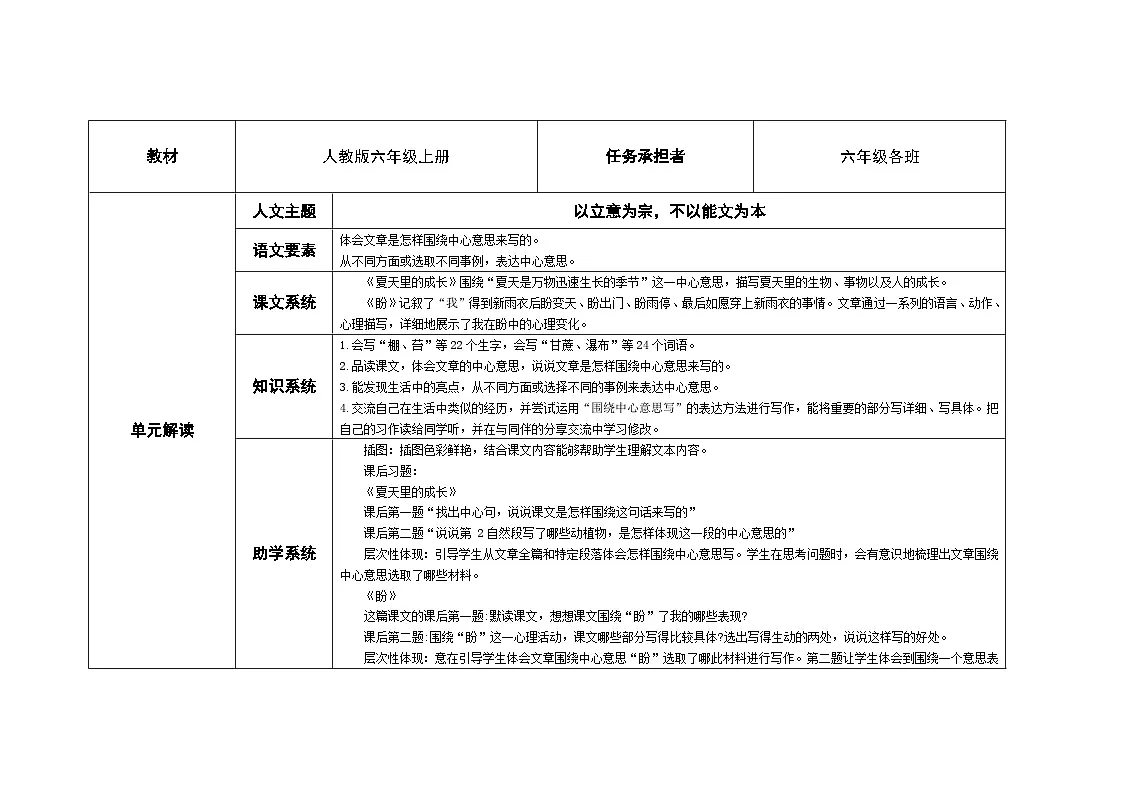 统编版小学语文六年级上册 第一单元大单元教案第1页