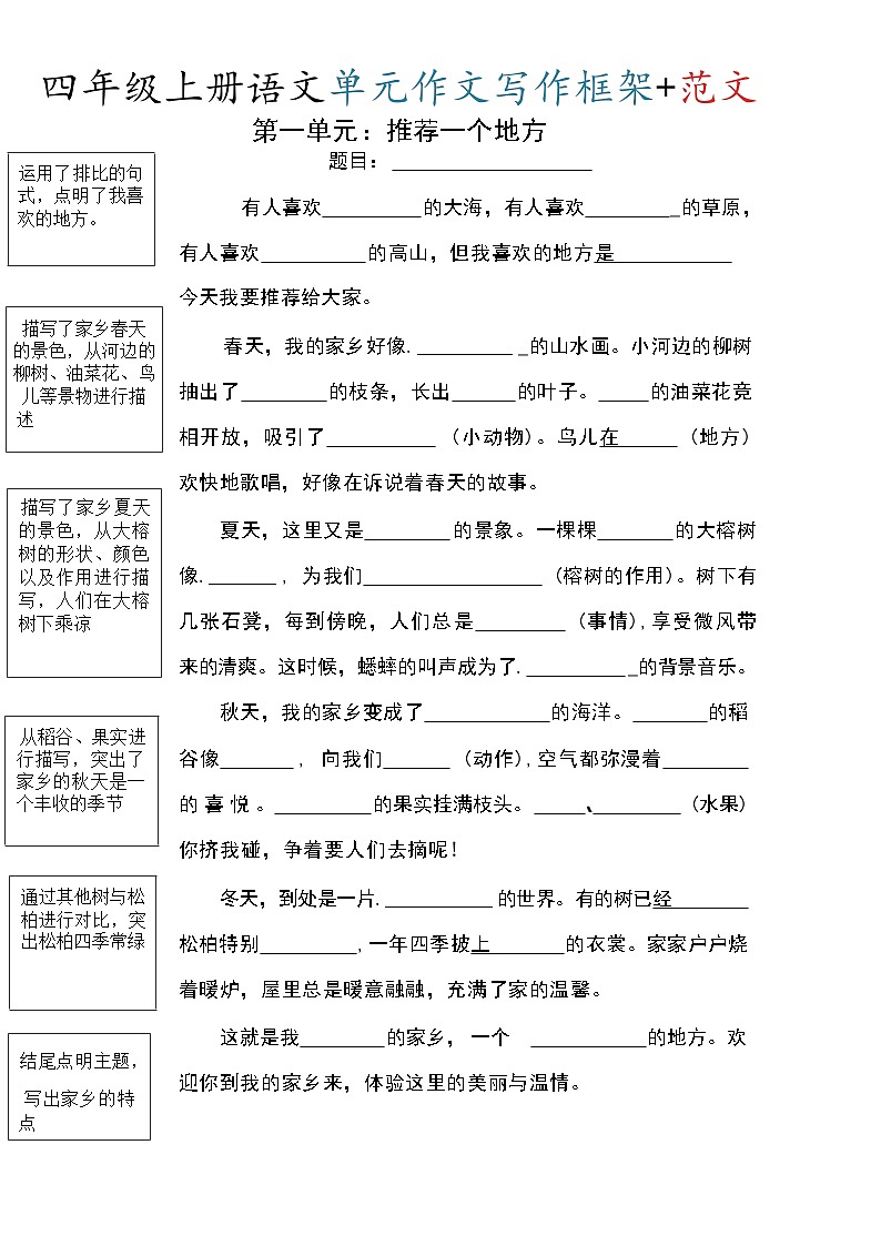 四年级（上）语文期末《写作框架+范文》专项练习(含答案)(1)第2页