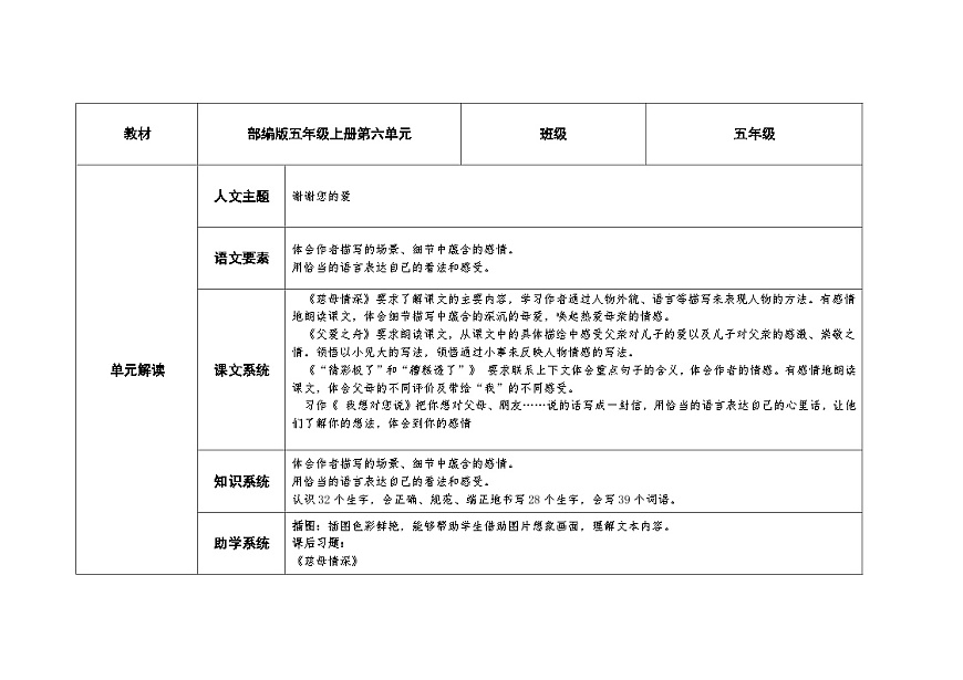统编版小学语文五年级上册 第六单元大单元教案（表格式）第1页