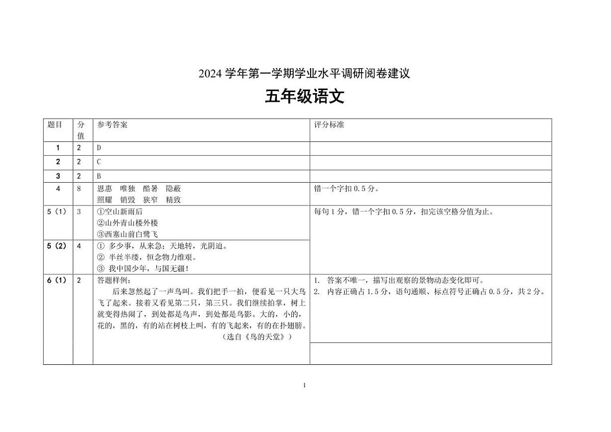 【天河区】24-25学年五年级语文答案解析第1页
