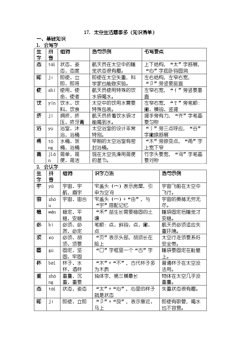 17. 太空生活趣事多（知识清单）第1页