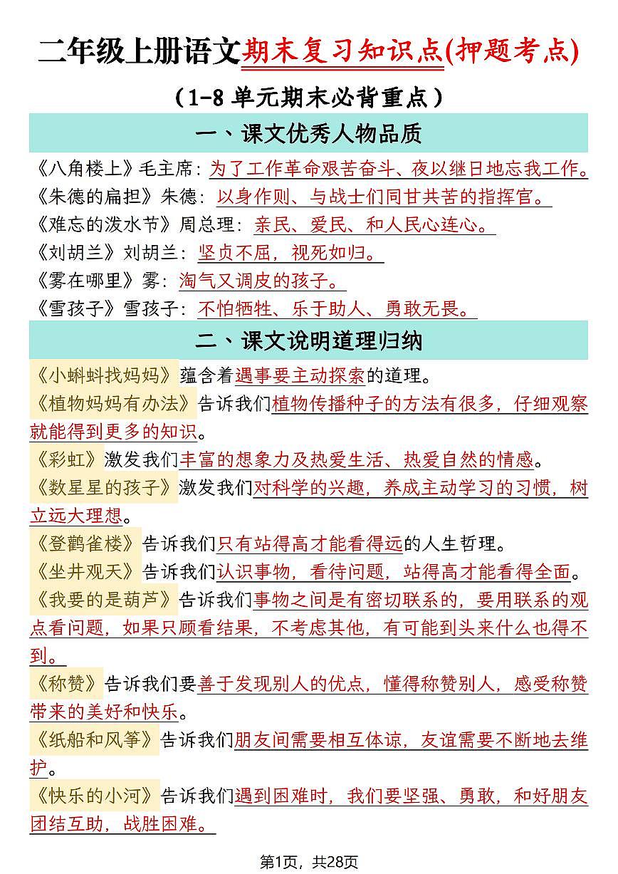 2024版人教版二年级（上）语文期末复习知识点(押题考点)第1页