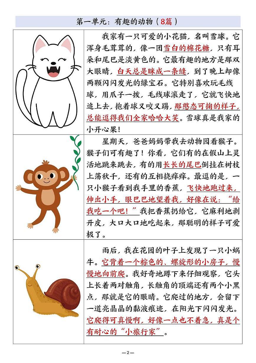 2024版部编版二年级上册语文期末1-8单元优秀范文合集知识点第2页