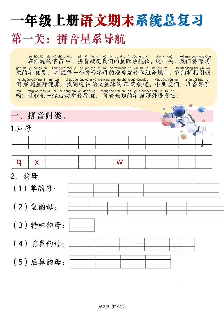 统编版一上语文期末系统总复习【太空冒险闯关九关】82页知识点第2页