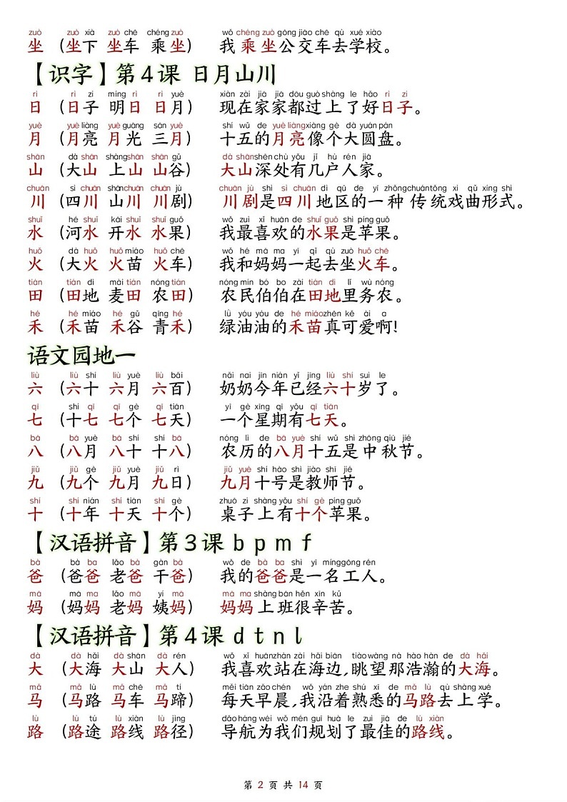 一年级语文上学期——生字拼音组词造句学案第2页
