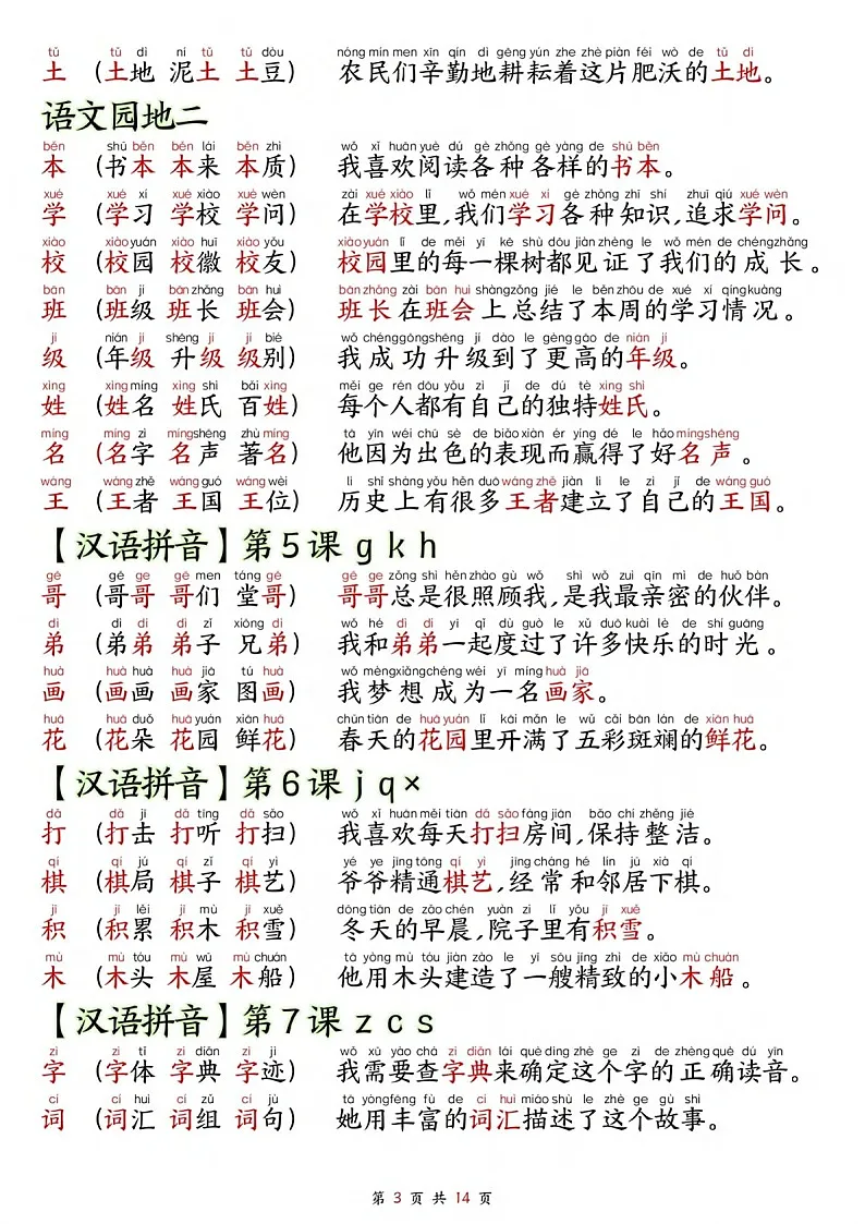 一年级语文上学期——生字拼音组词造句学案第3页
