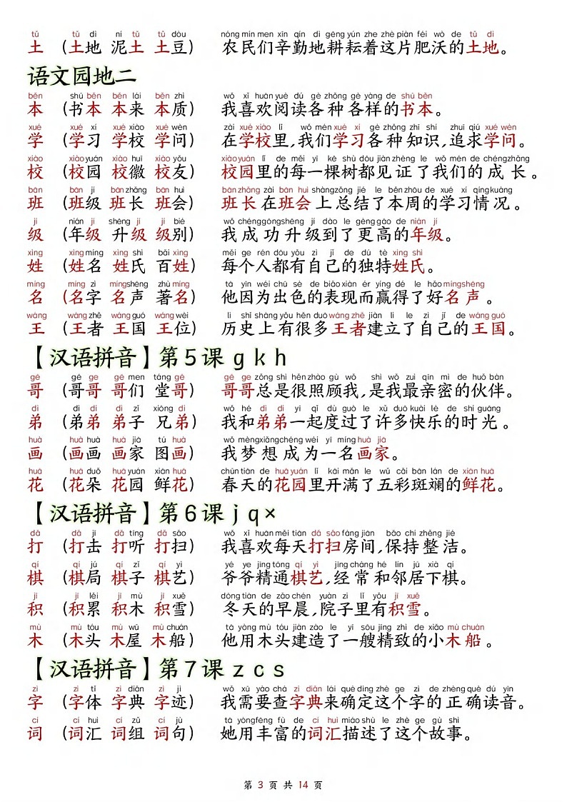 一年级语文上学期——生字拼音组词造句学案第3页