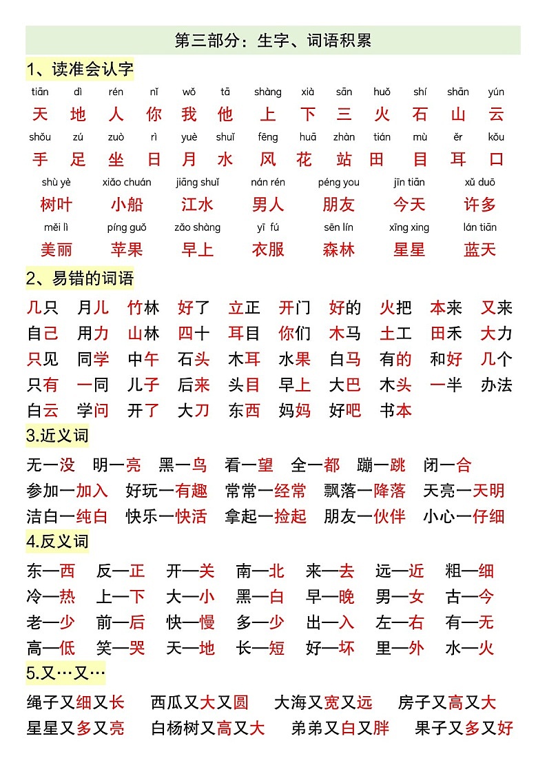 一年级语文上学期期中复习高频考点学案第2页