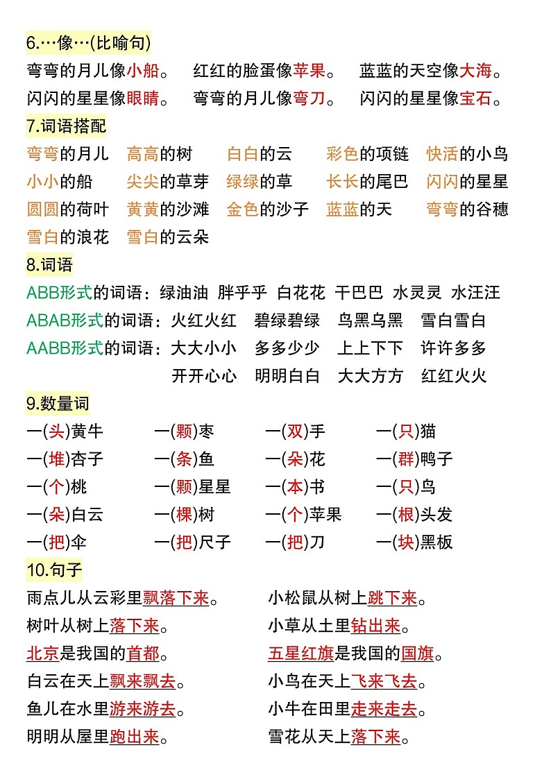 一年级语文上学期期中复习高频考点学案第3页
