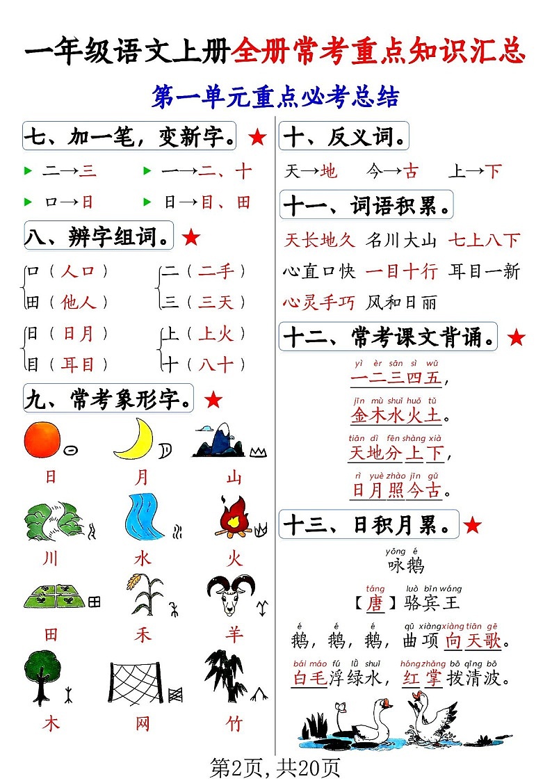 一年级语文上学期常考重点知识汇总学案第2页