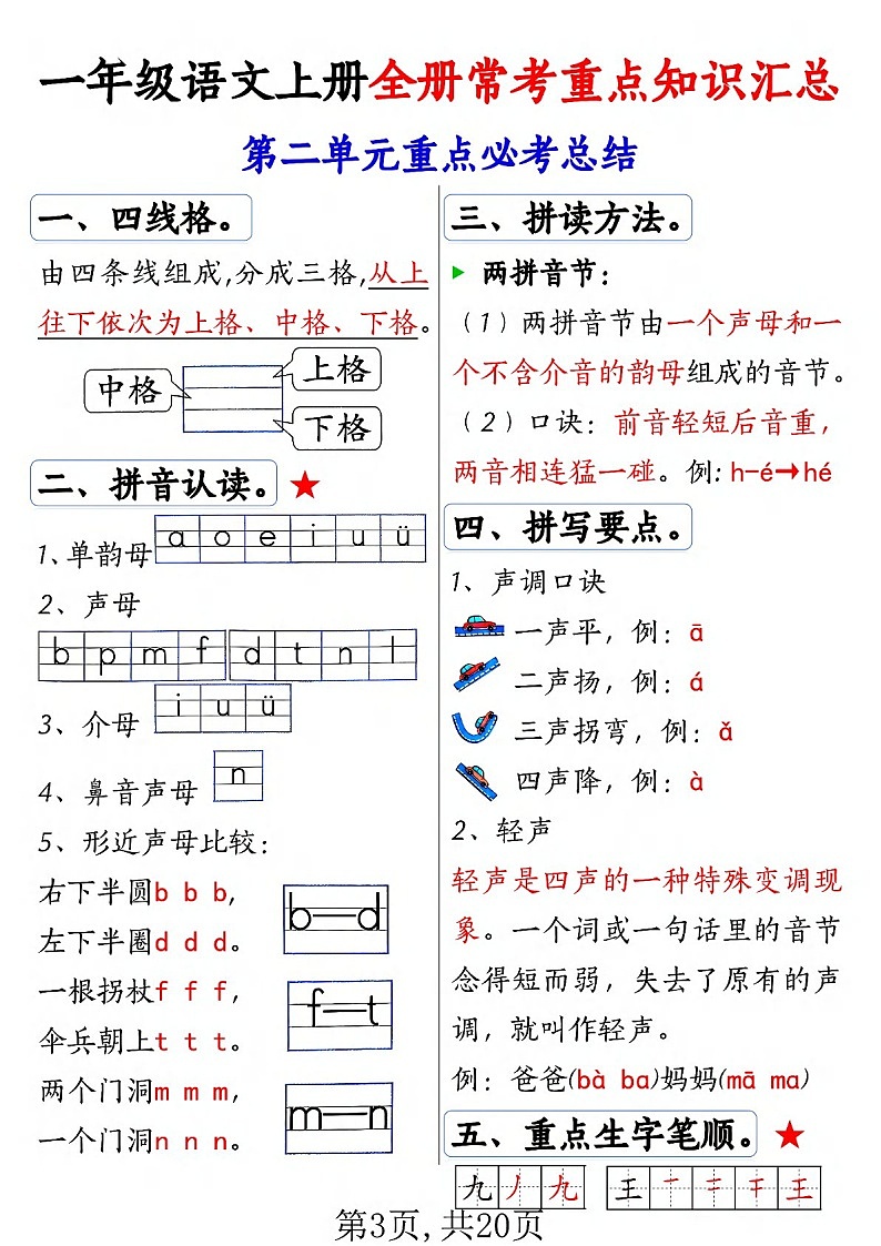 一年级语文上学期常考重点知识汇总学案第3页