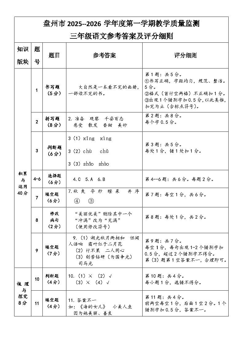 三年级语文测试卷答案及评分细则第1页