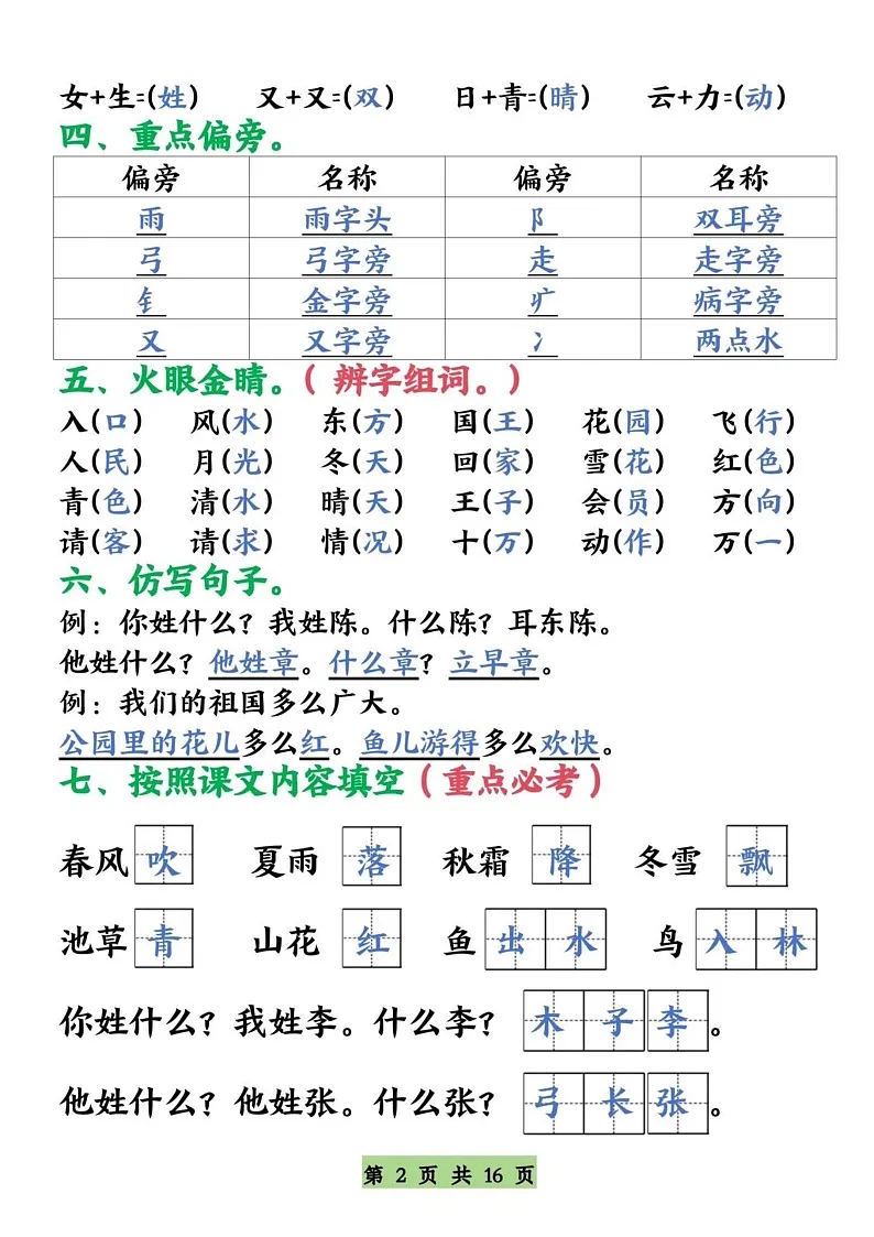 一年级语文下学期期末复习全册1-8单元基础知识练习（含答案）第2页